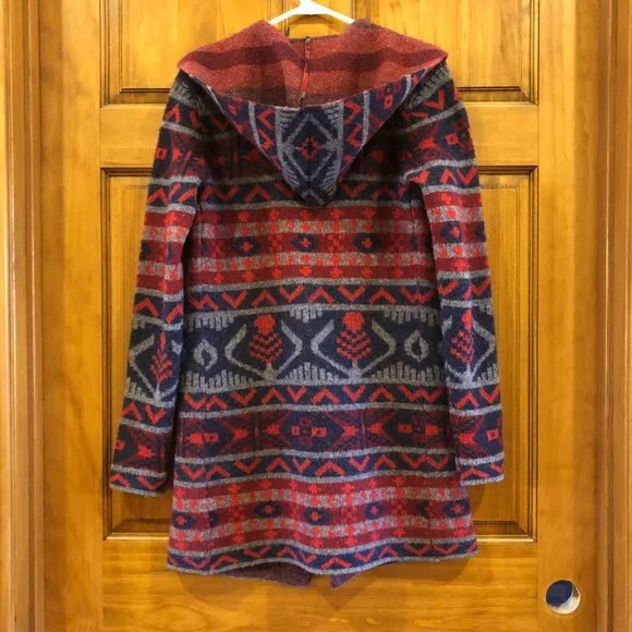 Toad & Co Red Patterned Lambs Wool Open Front Hooded Cardigan Size XS - Picture 2 of 6